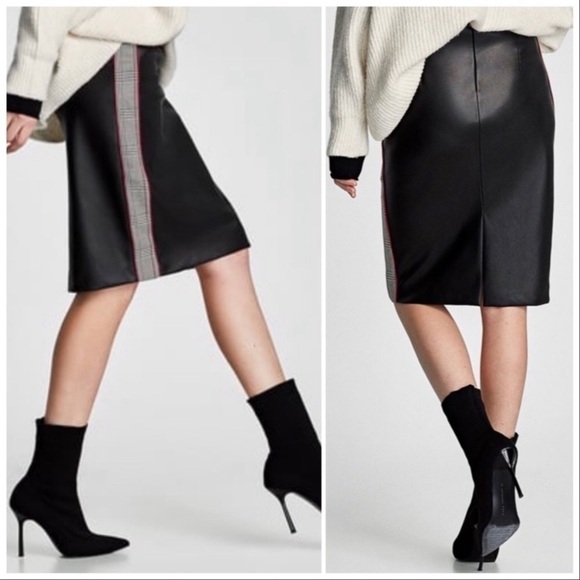 ZARA faux leather midi skirt with houndstooth stripes Size Medium - Picture 2 of 12